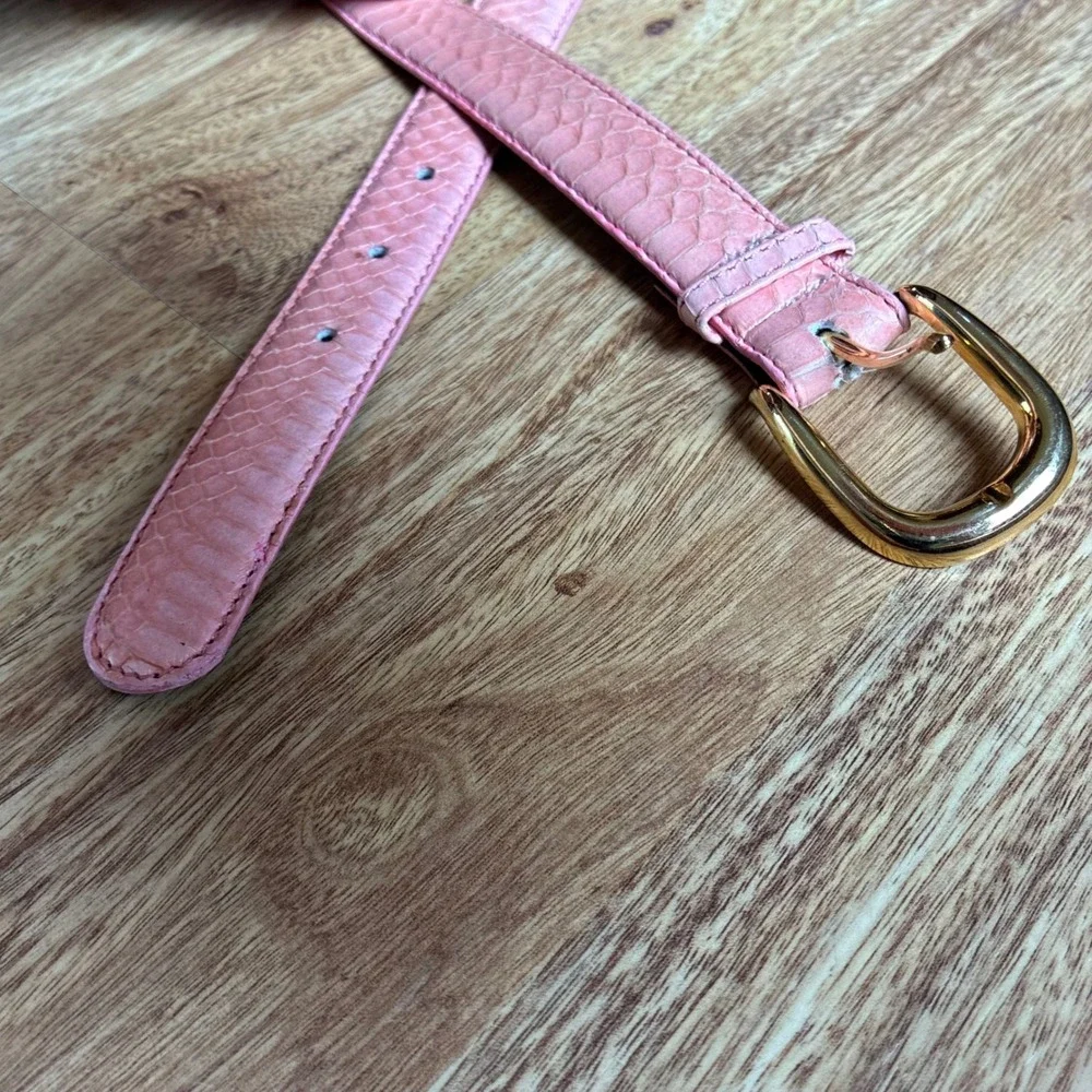 Vtg Pink Genuine Snakeskin Skinny Belt Gold Buckle Large Exotic Reptile Leather